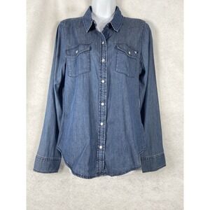 Guess Shirt Women's Large Blue Button Up Pearl Snap Long Sleeve Chambray New